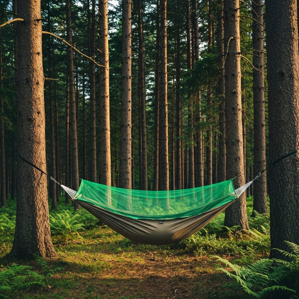 Hängmatta med myggnät i skogen