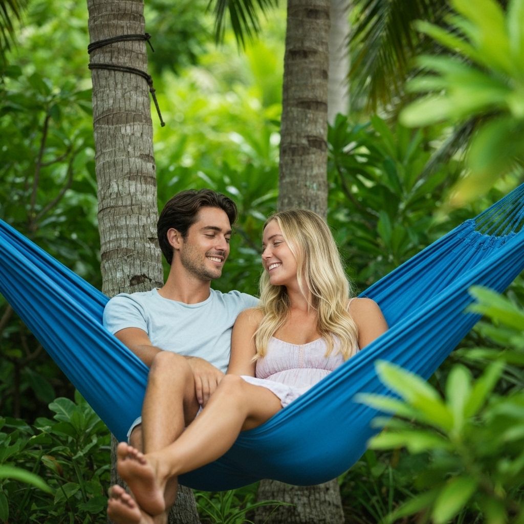 Par som kopplar av i dubbel hängmatta