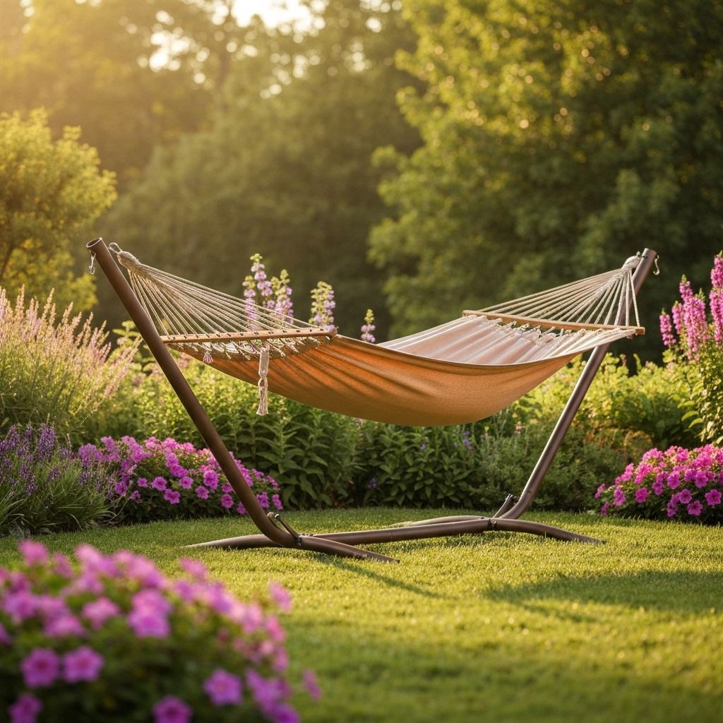 Hängmatta med stativ i trädgård